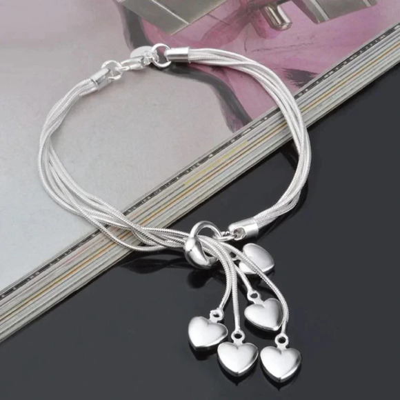 NEW 925 Sterling Silver Dangle Heart Snakechain Bracelet - Picture 1 of 6